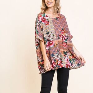 Umgee Oversized Boho Mixed Floral Print Blouse Top SZ M